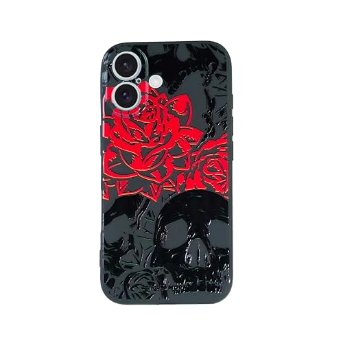 SIMPLYMDRN Slim für iPhone 16 Hülle - Goth Skull Design - Coole Hülle für Männer - Totenköpfe Art Cover - Schlank und Flexibel (Dark Rose Slim Black) von SIMPLYMDRN