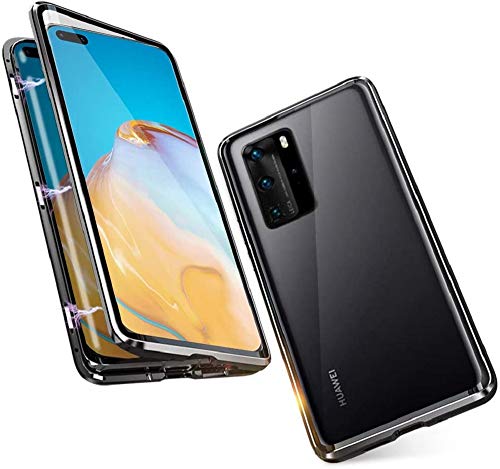 Hülle für Huawei P40 Pro Handyhülle 360 Grad Komplettschutz Magnetische Adsorption Ultra dünn Metallrahmen Schutzhülle Vorne und Hinten Transparent Gehärtetem Glas Schutz Flip Cover,Schwarz von SIMao