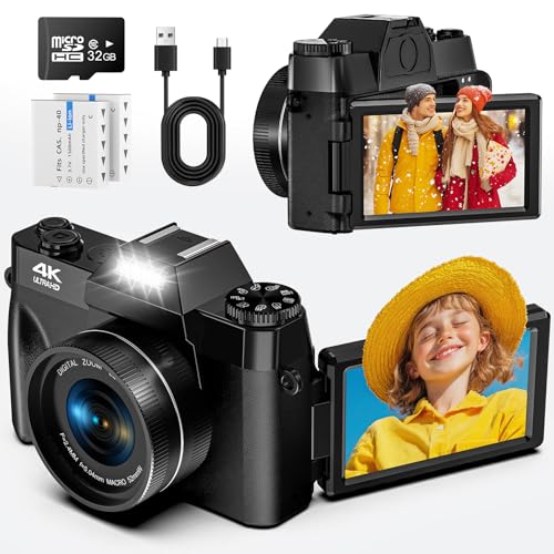 Digitalkamera, 56MP 4K Fotokamera mit 180° Flip 3.0" Bildschirm, 16X Autofokus Kompaktkamera mit 32G SD Karte& Zwei 1500mAh Batterien für Kinder Erwachsene Ältere Anfänger von SINEXE