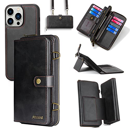 SINQERISHT Handykette Handyhülle für Apple iPhone 12 Pro Max Wallet Hülle 3 in 1 PU Leder Case mit Reißverschluss Kartenfach Ständer Handytasche Case mit Kordel Kette Magnet Schutzhülle(Schwarz) von SINQERISHT