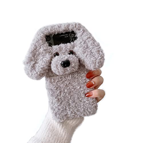 SINQERISHT Plüsch Hülle für Samsung Galaxy Z Flip 4 5G 2022 Schutzhülle für Mädchen Süße Winter Warm Teddy Hund Flauschige Handyhülle Silikonhülle Stoßfest Case(Grau) von SINQERISHT