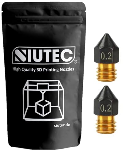 SIUTEC® Premium MK8 PTFE Messing Teflon/Brass Teflon, Düse/Nozzle, 0.2mm, 2er Pack, Kompatibel mit Ender, CR6, CR10S, X5SA, A8, für 1.75mm Filament von SIUTEC