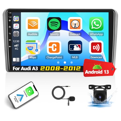 [2+64G] Android 13 mit Navi Autoradio für Audi A3 2008-2012,9 Zoll Touchscreen Radio mit Carplay Android Auto GPS WiFi FM/RDS Bluetooth Mirror Link Canbus + AHD Backup Kamera & Mic von SIXTOP