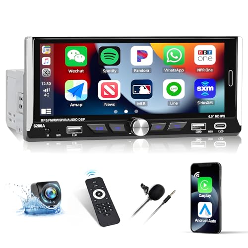 [2+64GB] Single Din Autoradio mit Wireless CarPlay und Android Auto Wireless 6,9 Zoll Touchscreen Android 13 Autoradio mit Mirror Link Bluetooth USB EQ FM/RDS Radio SWC+AHD Rückfahrkamera & MIC von SIXTOP