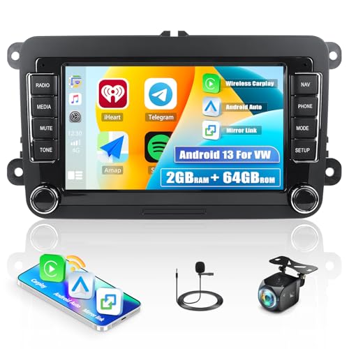 Android 13 Autoradio für VW Golf 5 6 Polo T5 Tiguan Passat Caddy Seat Skoda mit Carplay Android Auto, Radio 9 Zoll Touchscreen mit Mirrorlink Bluetooth GPS WiFi FM/RDS SWC+ Rückfahrkamera und Micro von SIXTOP