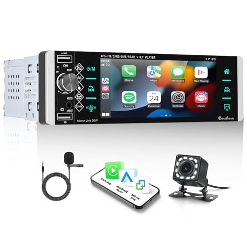 SIXWIN 1 Din Autoradio mit Apple CarPlay Android Auto, 5.1 HD IPS Zoll Touchscreen mit Mirror Link FM Radio USB/AUX in/TF Karte DSP + Rückfahrkamera Mikrofon Fernsteuerung von SIXWIN