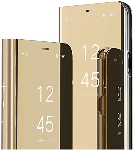 SIYOPINPFY Handyhülle für Xiaomi Redmi Note 13 Pro+ Plus 5G Hülle mit Clear View, Makeup Spiegel Ständer Flip Klapphülle Stoßfeste Ganzkörper Schutzhülle für Redmi Note 13 Pro Plus 5G, Mirror Gold von SIYOPINPFY