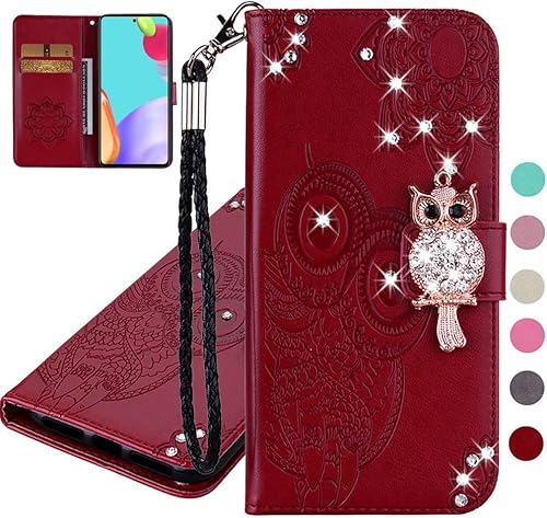 SIYOPINPFY Hülle für iPhone 15 Lederhülle, Glitzer Bling Diamant Wallet Case für Phone 15 mit Kartenfächern, Stoßfeste Ganzkörperschutz Hülle für iPhone 15 YK Eule Braun von SIYOPINPFY