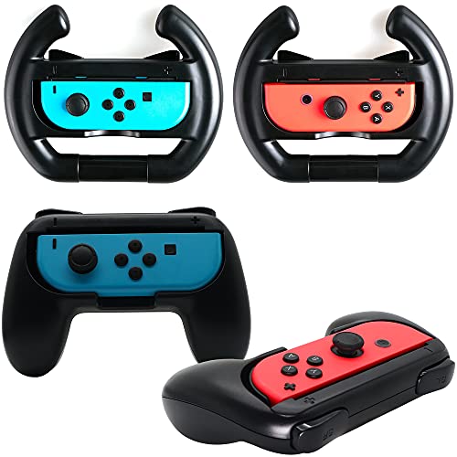 SKGAMES 2x Grips & 2x Lenkrad für Nintendo Switch Joy-Con Controller /// Griff-Halterung Griffhülle Controller Halter Griffe Joy Con Mario Kart 8 von SK Games