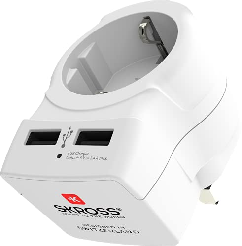 SKROSS | 1.500280 | Europe to UK USB | Reiseadapterstecker Europa auf UK, USB-Ladegerät 2 Ports 2,4 A - Spannung und Leistung 100V - 1500 W / 250 V - 3750 W - Anti-Schock-Schutz von SKROSS