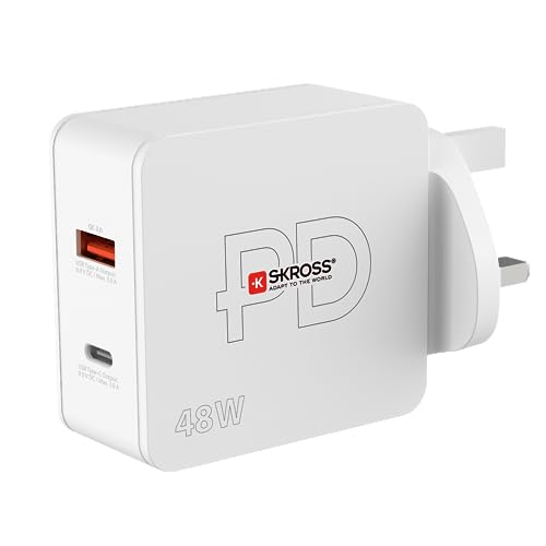 SKROSS - Multipower 2 Pro+ UK - PC -Ladegerät, Tablet, Smarthone mit schnellem Laden 48 W - Lader mit 2 USB -Geräten (1 USB 18W und 1 USB C 48W) mit UK Socket von SKROSS