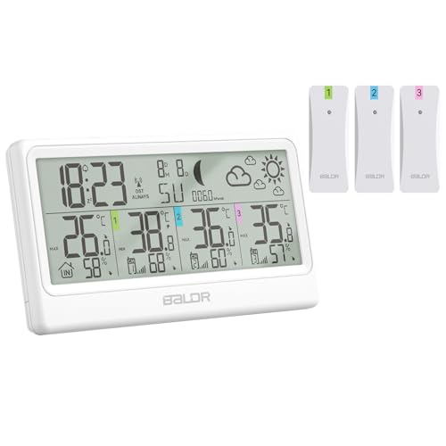 Wetterstation Funk mit 3 Außensensor, Innen- und Außenthermometer, Hygrometer, Barometer, Digitale Funkwetterstation mit 8,5"LCD-Display, Wettervorhersage, Mondphase, Wecker, Schlummerfunktion und RCC von SKYBOBMY