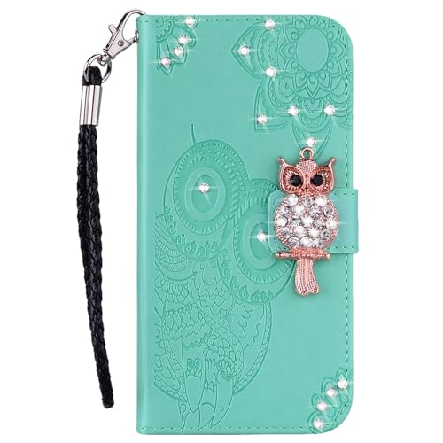 SLLMYYX Brieftaschen-Schutzhülle kompatibel mit Redmi Note 13 4G, Bling Glitter Diamant Eule PU Leder Flip Handyhülle mit Handschlaufe (Grün) von SLLMYYX