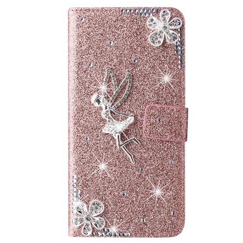 SLLMYYX Brieftaschen-Schutzhülle kompatibel mit Samsung Galaxy A25 5G, Glitzer-Bling Kristall Engel Diamant PU-Leder Flip Handyhülle (Roségold) von SLLMYYX