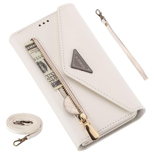 SLLMYYX Brieftaschen-Schutzhülle kompatibel mit Samsung Galaxy A32 5G, Crossbody-Handyhülle mit Kartenhalter, Handschlaufe, Reißverschluss, Geldbörsenabdeckung (Weiß) von SLLMYYX