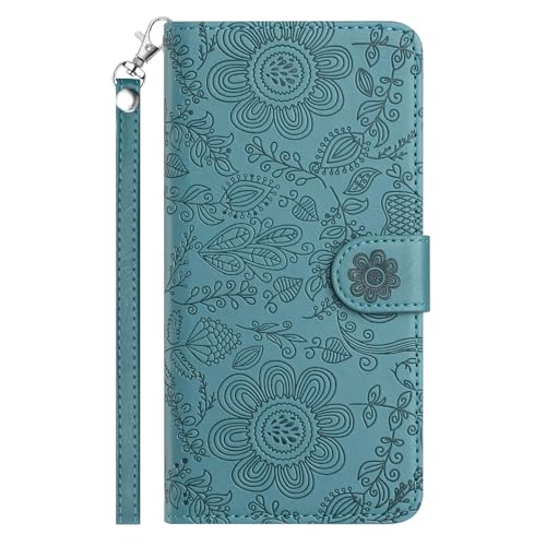 SLLMYYX Brieftaschen-Schutzhülle kompatibel mit Samsung Galaxy S21 Plus, geprägtes Blumenmuster, PU-Leder, mit Ständer und Handschlaufe, Dunkelgrün von SLLMYYX