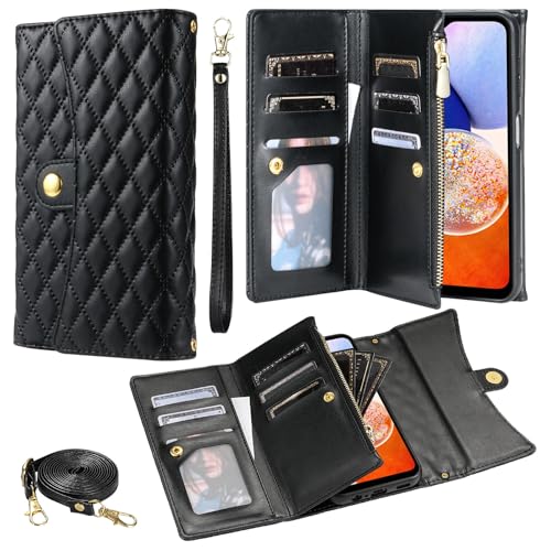 SLLMYYX Brieftaschen-Schutzhülle kompatibel mit Samsung Galaxy S23 Ultra, Crossbody-Handyhülle mit Kartenhalter, Handschlaufe, Reißverschluss, Geldbörse, Ganzkörperschutz (schwarz) von SLLMYYX