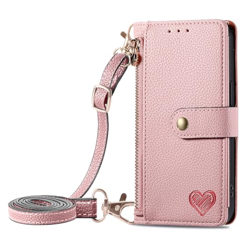 SLLMYYX Brieftaschen-Schutzhülle kompatibel mit Samsung Galaxy S25 5G, RFID-blockierend, Reißverschlusstasche, Liebe, PU-Leder, mit verstellbarem Umhängeband, Rosa von SLLMYYX