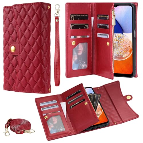 SLLMYYX Brieftaschen-Schutzhülle kompatibel mit Samsung Galaxy S9, Crossbody-Handyhülle mit Kartenhalter, Handschlaufe, Reißverschluss, Geldbörse, Ganzkörperschutz, Dunkelrot von SLLMYYX