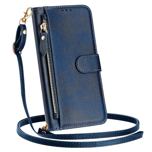 SLLMYYX Crossbody-Schutzhülle für Google Pixel 6a, Reißverschluss, PU-Leder, mit Kartenfächern, Klapphülle, Blau von SLLMYYX