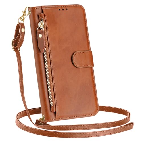 SLLMYYX Crossbody-Schutzhülle für Xiaomi Poco M6 5G, Reißverschluss, PU-Leder, mit Kartenfächern, Klapphülle, Braun von SLLMYYX