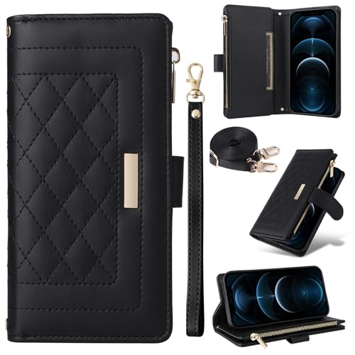 SLLMYYX Crossbody-Schutzhülle kompatibel mit Samsung Galaxy S23 Ultra, Reißverschluss, PU-Leder, Handy-Klapphülle mit 7 Kartenfächern, Schwarz von SLLMYYX