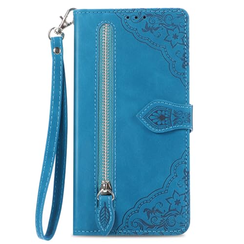 SLLMYYX Geprägte Blume Ledertasche für Honor X5b mit Reißverschlussfach, 7 Kartenfächer, Handschlaufe, Blau von SLLMYYX