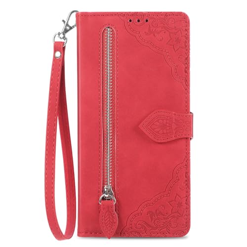 SLLMYYX Geprägte Blume Ledertasche für Honor X9c mit Reißverschlussfach, 7 Kartenfächer, Handschlaufe, Rot von SLLMYYX