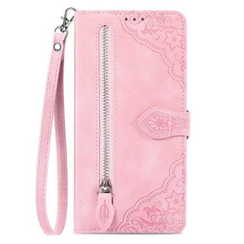 SLLMYYX Geprägte Blume Ledertasche für iPhone 14 Pro mit Reißverschlussfach, 7 Kartenfächer, Handschlaufe, Rosa von SLLMYYX