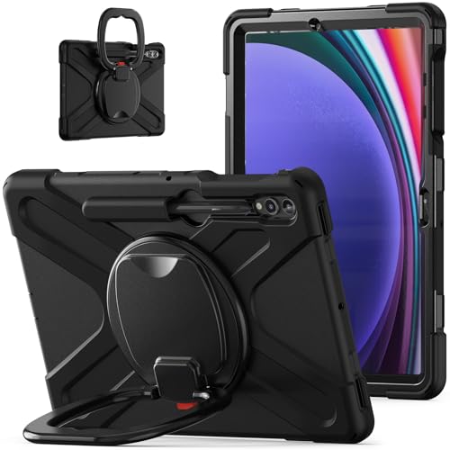 SLLMYYX Schutzhülle für Samsung Galaxy Tab S10+ Plus 12,4 Zoll SM-X820/X826/X828, 360 Grad drehbarer Handgriff, Ständer, stoßfeste Abdeckung mit Schultergurt, Schwarz von SLLMYYX