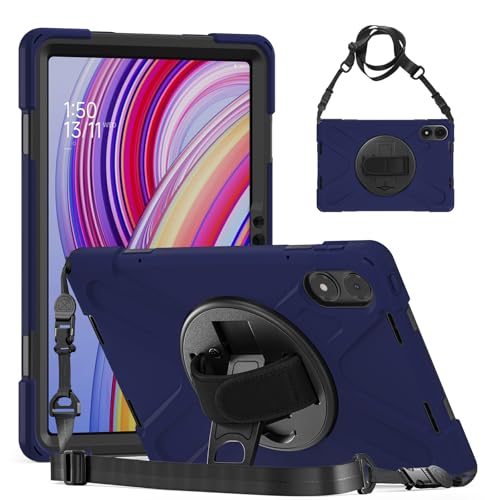 SLLMYYX Xiaomi Redmi Pad Pro/Xiaomi Poco Pad 12.1 Zoll, 360 Grad drehbare Handschlaufe Stoßfest Schutzhülle mit Schultergurt, Navy Blau von SLLMYYX