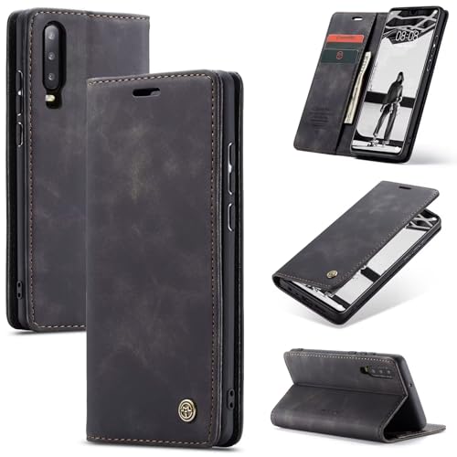 SLWYF Handyhülle für Huawei P30 Hülle, PU Leder Flip Tasche Klappbar Magnet Wallet Lederhülle, Silikon Bumper Klapphülle Case mit Kartenfäch für Huawei P30, Schwarz von SLWYF