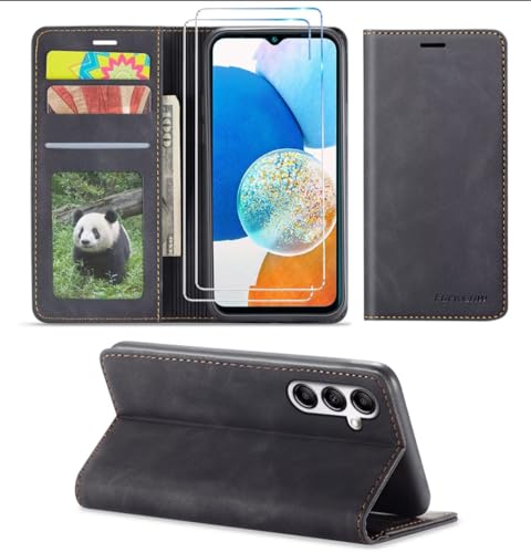 SLWYF Handyhülle für Samsung Galaxy A16 Hülle mit 2 Stück Schutzfolie, Standfunktion Kartenfach Wallet Premium Leder Flip Case Cover Stoßfeste Klapphülle Magnet Wallet Lederhülle (Schwarz) von SLWYF