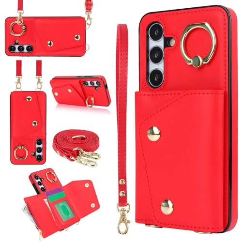 SLWYF Handyhülle für Samsung Galaxy S25 Plus Hülle mit Band Handykette Ringhalterung Geldbörse, Kartenfach Leder Flip Wallet Klapphülle Umhängetasche Handytasche für Samsung Galaxy S25 Plus - Rot von SLWYF