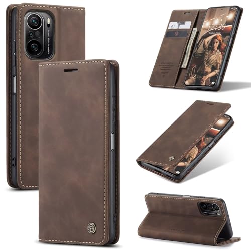 SLWYF Handyhülle für Xiaomi Poco F3/Mi 11i/Mi 11X/Mi 11X Pro/Redmi K40/K40 Pro Hülle, PU Leder Flip Klappbar Magnet Wallet Lederhülle, Silikon Bumper Klapphülle Case mit Kartenfäch für Poco F3, Kaffee von SLWYF