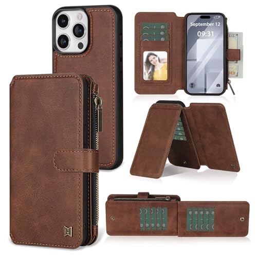 SLWYF Handyhülle für iPhone 15 Pro Hülle PU Leder Handyhülle Lederhülle Klapphülle Kartenfach Flip Cover für iPhone 15 Pro mit 11 Kartenfächern, Braun von SLWYF