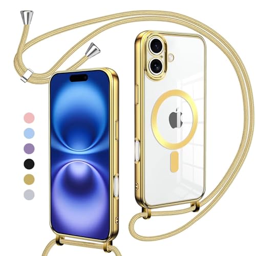 SLWYF Handykette Hülle für iPhone 12 Pro/iPhone 12 mit Band, Magnetische Handyhülle Kompatibel mit MagSafe, Kratzfeste Stossfest Schutzhülle mit Abnehmbar Kordel zum Umhängen Case, Golden von SLWYF