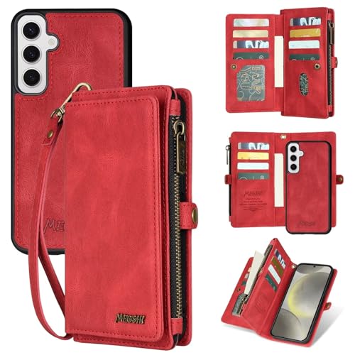 SLWYF Kompatibel mit Samsung Galaxy A23 Hülle, PU Leder Flip Tasche Klappbar Magnet Wallet Lederhülle [Abnehmbar] 2-IN-1 Magnet Handyhülle [Kabellos Laden] Samsung Galaxy A23 mit 11 Kartenfächern, Rot von SLWYF