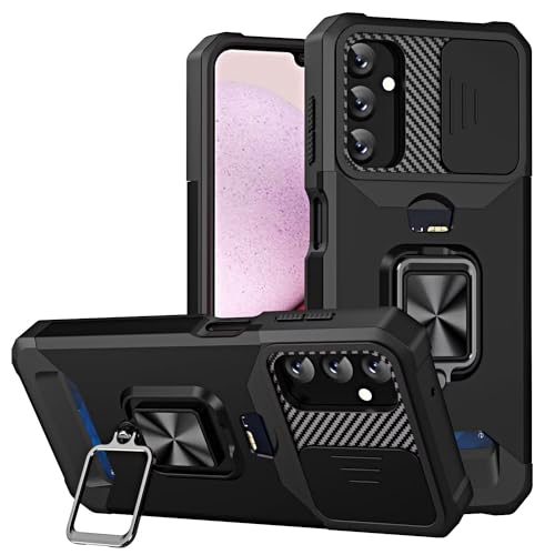 SLWYF für Handyhülle Samsung Galaxy A04S Hülle Kameraschutz mit 2 Schutzfolie, 360 Grad Ständer Stoßfest Handy Hüllen Hardcase Kartenfach Standfunktion Schutzhülle Case, Schwarz von SLWYF