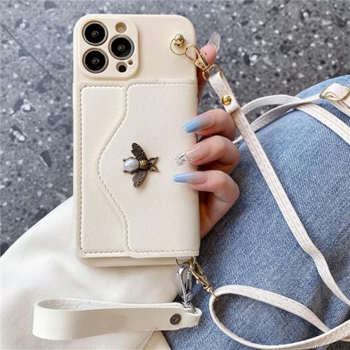 SLXYYYHW-3D Pearl Bee Leder Kartentasche Crossbody Lanyard Soft Case für iPhone 15 14 13 12 11 Pro Max 14 15 Plus XS X XR Cover, weiß, für iPhone 12 von SLXYYYHW