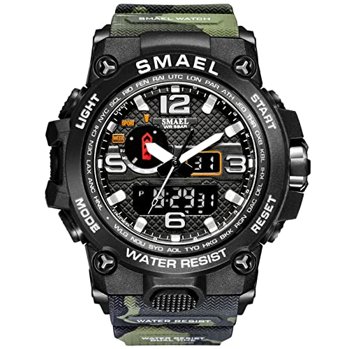 SMAEL Herren MilitäR Sportuhr, Analog Digitale Duale Zeitzone Armbanduhr Mit Stoppuhr Wecker Led Multifunction wasserdichte Uhren,Army green von SMAEL