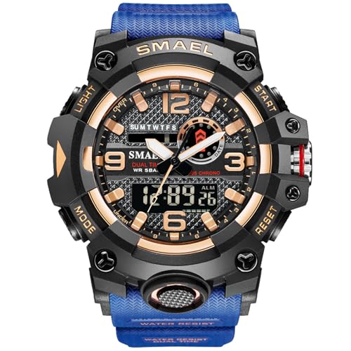 SMAEL Herren Sport Uhren, Großes stilvolles Zifferblatt Wasserdicht GroßE Ziffernblatt StoßFeste Armbanduhr Mit Stoppuhr-Chronographenfunktion,Blue Rose Gold von SMAEL