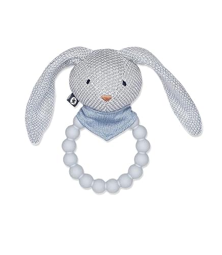Smallstuff - Rattle Silicone Ring w. Knitted Bunny Light Blue von SMALLSTUFF