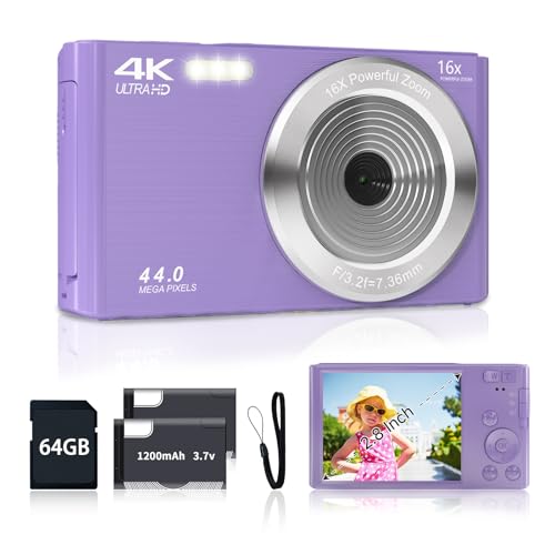 Digitalkamera für Teenager, FHD 4K 44MP Digitalkamera Lila mit 64GB SD-Karte 16X Digitalzoom, Kameras für Fotografie, kompakte Point-and-Shoot-Kamera für Teenager, Jungen, Mädchen, Kinderkamera, von SMARTKLIK