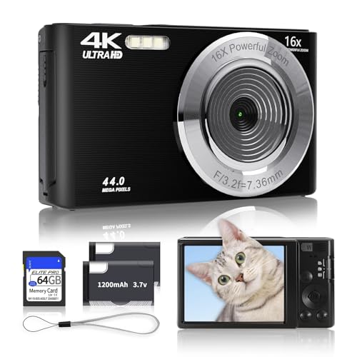 Schwarze Digitalkamera 2024 Neueste 4K 44MP Digitalkameras für Jugendliche, digitale Point- und Shoot-Kamera für Kinder mit 16-fachem Zoom, 64 GB SD-Karte, kompakte kleine Kamera für Jungen, Mädchen, von SMARTKLIK