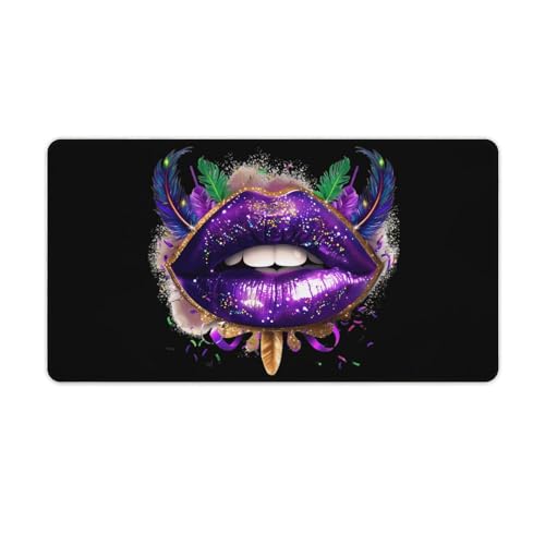 SMAZDFXX Mardi-Gras Glitter Lips Große Schreibtischunterlage, Mauspad mit Rutschfester Gummiunterseite und genähten Kanten für Gaming-Tastatur von SMAZDFXX