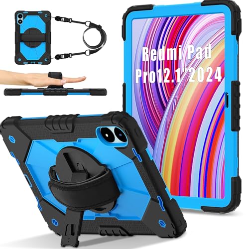 SOATUTO Schutzhülle für Xiaomi Redmi Pad Pro 12,1 Zoll / Xiaomi Poco Pad 12,1 Zoll, stoßfeste Schutzhülle mit Ständer, Handschlaufe, drehbarem Ständer, Schultergurt (Schwarz/Blau) von SOATUTO