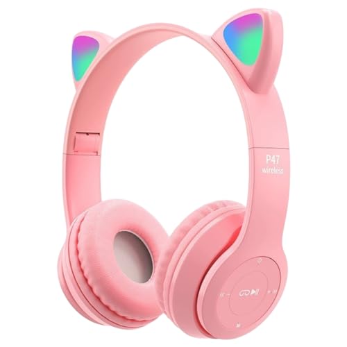 SOBW Sprachsteuerung, Bluetooth-kompatibel, rosa Kopfhörer for kleine Mädchen, Geschenk, Cartoon-Telefon-Headset, Geschenk mit Mikrofon, Blitzlicht, niedliche Katzenohren, kabelloser Kopfhör von SOBW