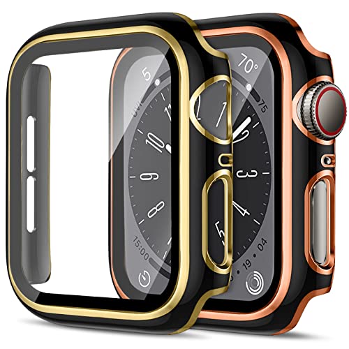 2 Pack Harte PC-Hülle für Apple Watch Serie 8 7 mit Gehärtetem Glas Damen Herren,Insgesamt PC-Hülle Schlanke Displayschutzfolie Schutzhülle für Apple iWatch 41mm Cover,Schwarz&Rosegold/Schwarz&Gold von SOLOLUP