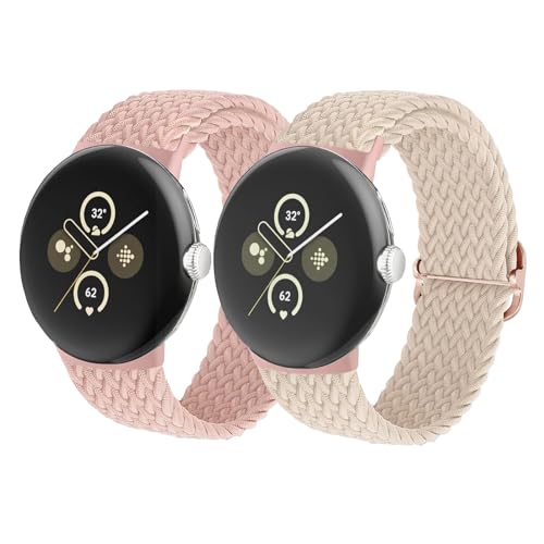 2 Stück Geflochtenes Nylon Armband für Google Pixel Watch 2/1，Verstellbare Elastisch Uhrenarmbänder Soprt Atmungsaktives Ersatzband für Google Pixel Watch 1/Pixel Watch 2 Armbänder,Rosa/Milchtee von SOLOLUP